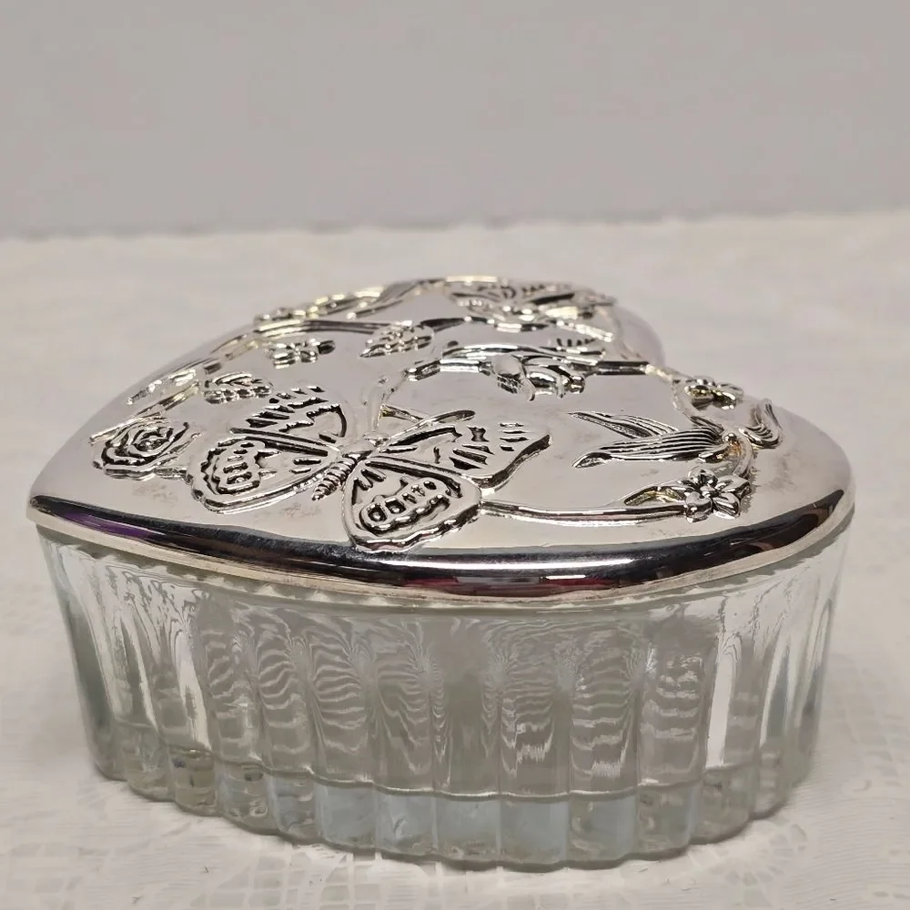 Vintage Silver Plated Butterfly Floral Lid Heart Shaped Glass Trinket Box